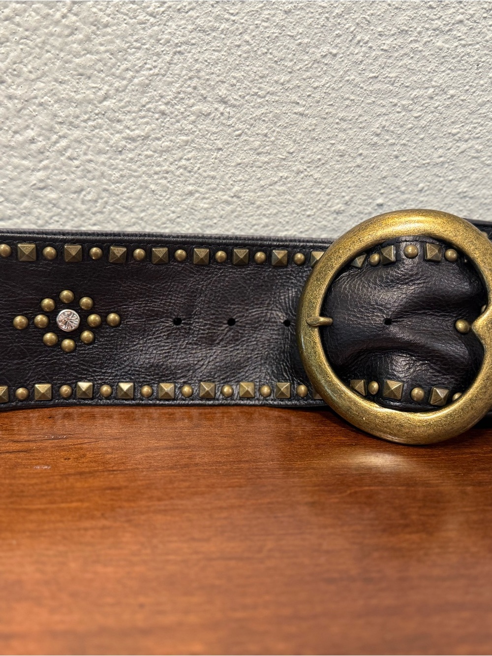 Studded Black Leather Belt with Antique Gold Round Buckle